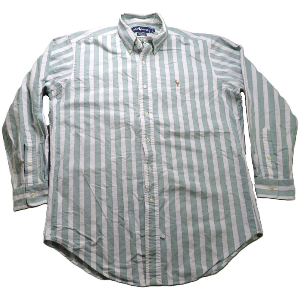 VTG 90s Ralph Lauren Yarmouth Shirt Men 15 33 Green White Stripe Flesh Pony OCBD